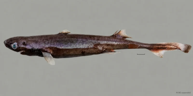 Свежая самка Etmopterus bulbosus с вздутым рылом, двумя спинными плавниками и шкалой; фон расширен с помощью ИИ