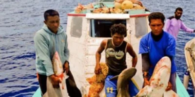 Рыбаки с пойманными акулами на судне в водах Индонезии
