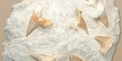 Несколько ископаемых зубов акул в блоке горной породы