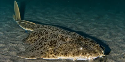 Морской ангел Squatina squatina лежит на песке