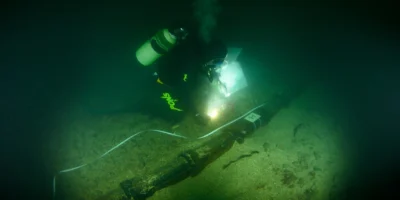 Водолаз исследует обросший подводный кабель на морском дне у Пемполь-Бреа